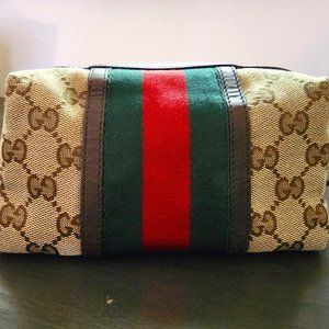 GUCCI Cosmetics Pouch Accessory Case Purse Sherry Line GG Canvas Brown Authentic